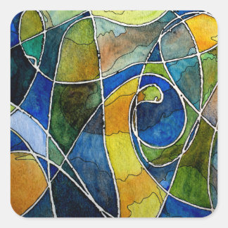 Pegatina Cuadrada Pluma y tinta de color de agua abstracta
