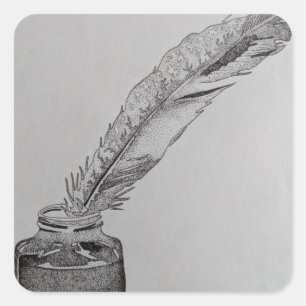 Pegatina Cuadrada Pluma y tinta, pluma y tinta, arte de la pluma,