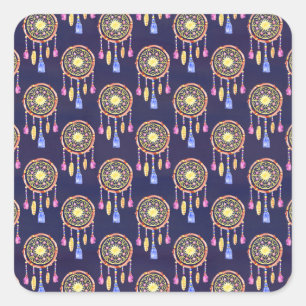 Pegatina Cuadrada Plumas de atrapasueños Textura perfecta de acuarel