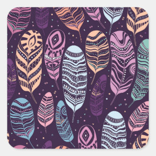 Pegatina Cuadrada plumas étnicas: negro y blanco