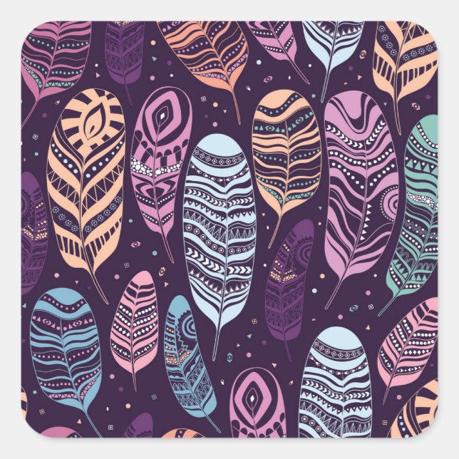 Pegatina Cuadrada plumas étnicas: negro y blanco (Anverso)