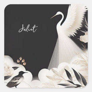 Pegatina Cuadrada Plumas Nube Cielo Asiático Grulla Diversión Desped