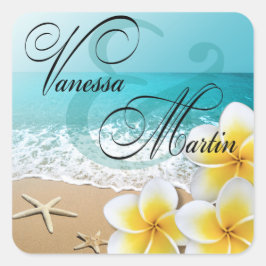 Pegatina Cuadrada Plumeria Starfish Beach Tropical Hawaii Favor