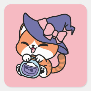 Pegatina Cuadrada Poción de Bruja Atigrada – Diseño de Gato de Hallo