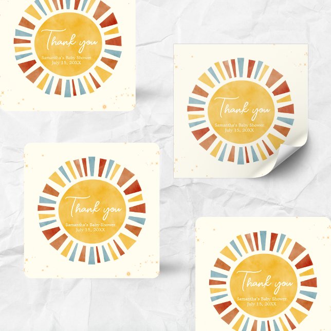 Pegatina Cuadrada Poco Rayo de Sol Boho Baby Shower (Little Ray of Sunshine Baby Shower Square Sticker)