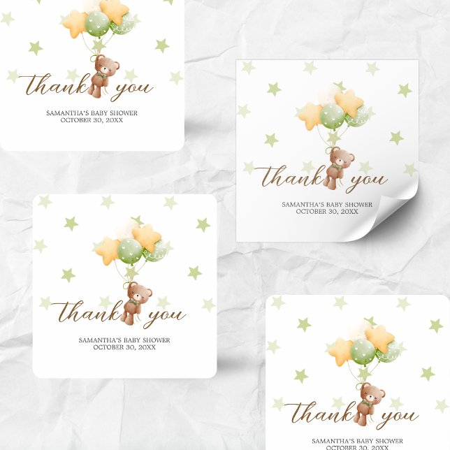 Pegatina Cuadrada Podemos Esperar A Baby Shower En Globo (Bear Balloon Baby Shower Sticker)