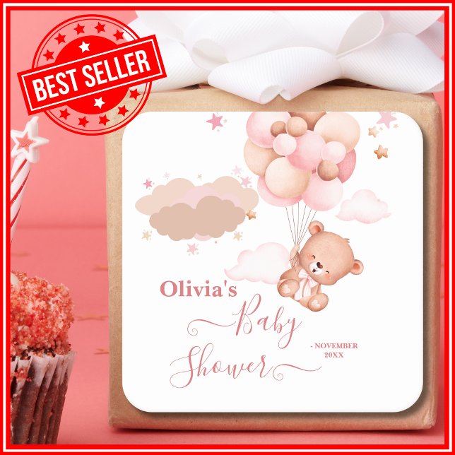 Pegatina Cuadrada Podemos Esperar A Que Pink Pooh Bear Baby Shower (Subido por el creador)