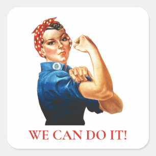 Pegatina Cuadrada Podemos hacerlo, Rosie Riveter Women Power WII