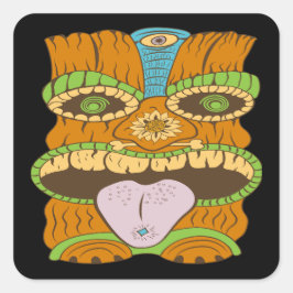 Pegatina Cuadrada Poderosa estatua de Tiki en estado de ánimo psicod