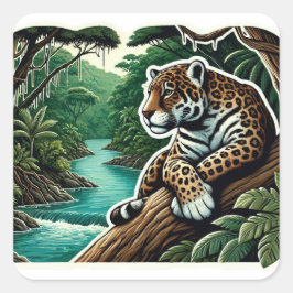 Pegatina Cuadrada Poderoso retrato negro jaguar