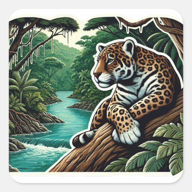 Pegatina Cuadrada Poderoso retrato negro jaguar (Anverso)