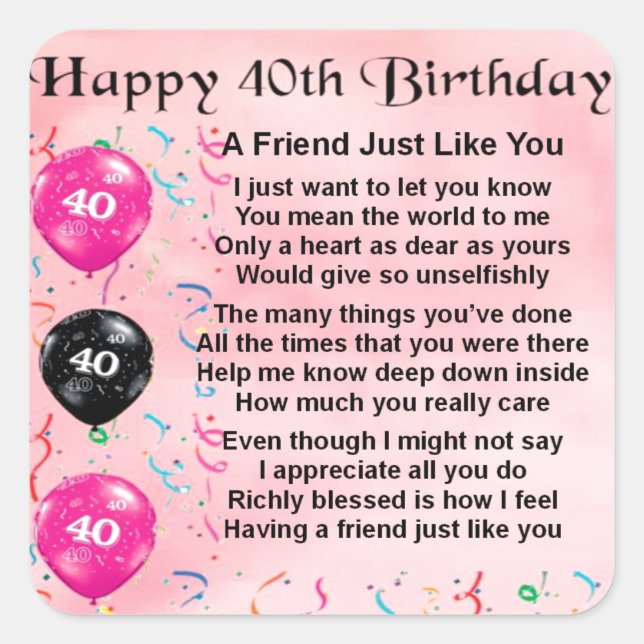 Pegatina Cuadrada Poema de amigo - 40 cumpleaños (Anverso)