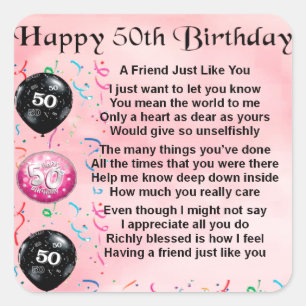 Pegatina Cuadrada Poema de amigo - cumpleaños número 50