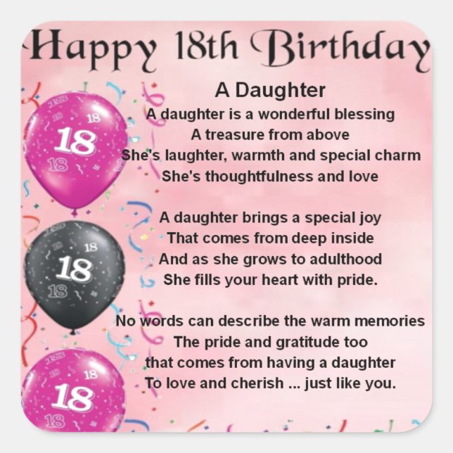 Pegatina Cuadrada Poema de la hija - 18º cumpleaños (Anverso)