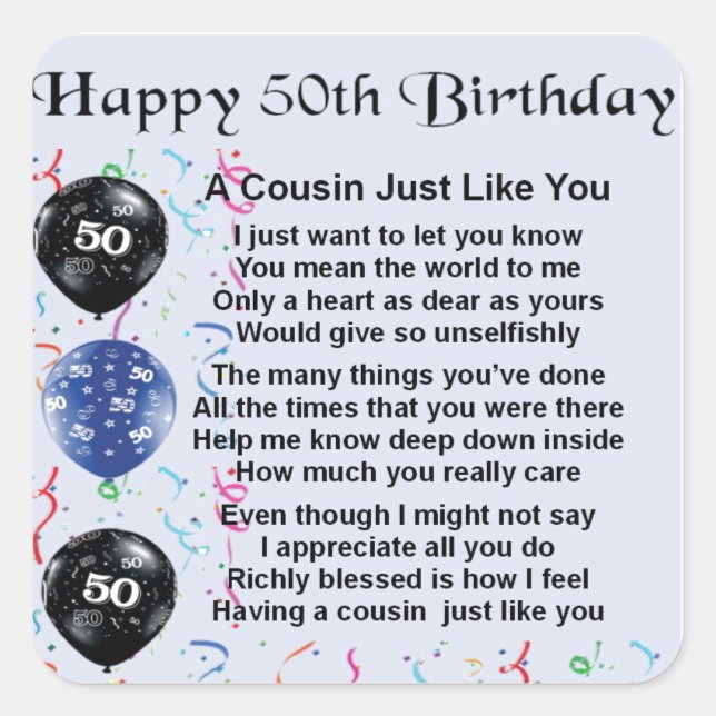 Pegatina Cuadrada Poema primo 50 cumpleaños (Anverso)