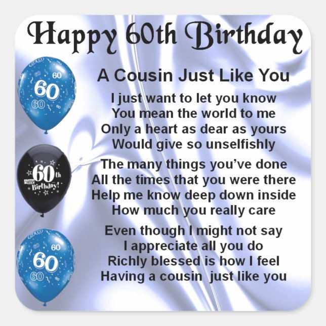 Pegatina Cuadrada Poema primo 60 cumpleaños (Anverso)