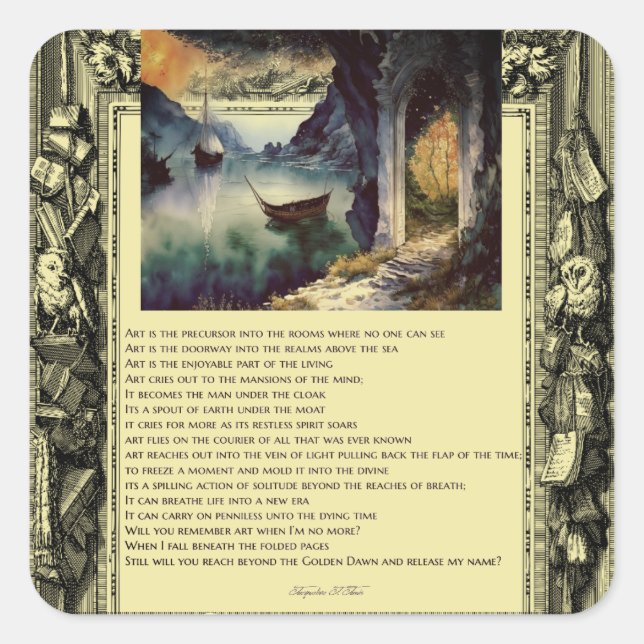 Pegatina Cuadrada Poema Sobre Barcos de Arte Agua Estanque (Anverso)