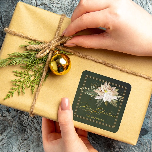 Pegatina Cuadrada Poinsettia blanca y caligrafía navideña de Feliz (Subido por el creador)