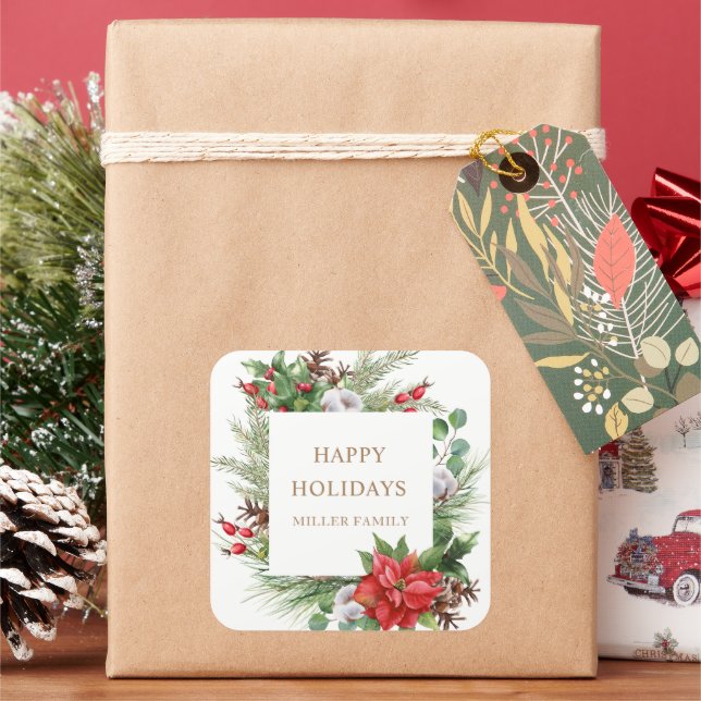 Pegatina Cuadrada Poinsettia de Bayas Rojas Monograma (Vacaciones)