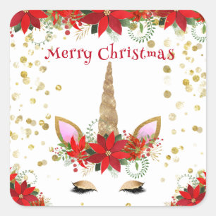 Pegatina Cuadrada Poinsettia de Navidad Unicornio con Favoritos de F