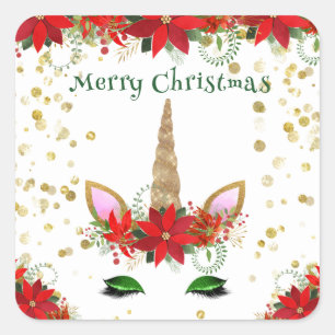 Pegatina Cuadrada Poinsettia de Navidad Unicornio Favoritos de Fiest