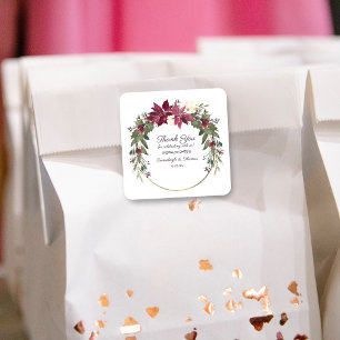 Pegatina Cuadrada Poinsettia Floral Gracias Por Favor   Rojo escarla