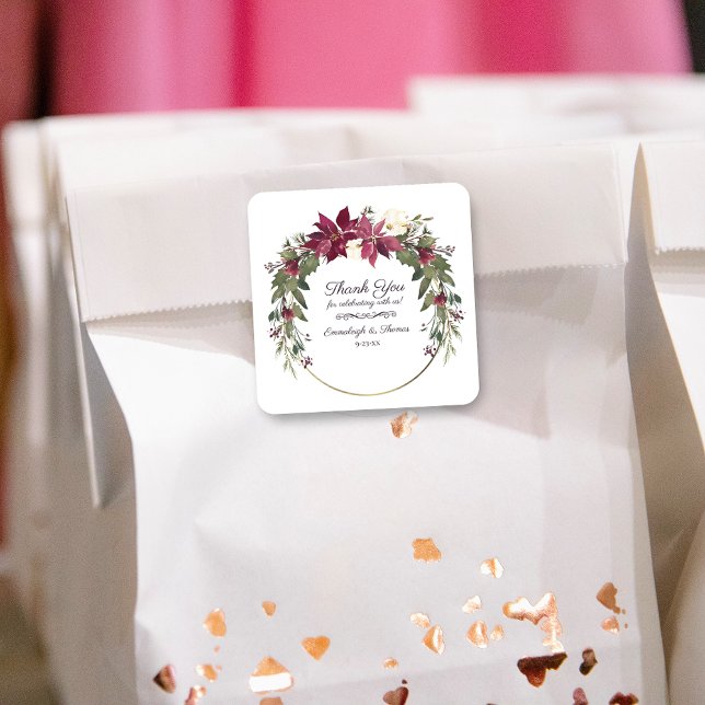 Pegatina Cuadrada Poinsettia Floral Gracias Por Favor | Rojo escarla (Subido por el creador)