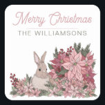 Pegatina Cuadrada Poinsettia Rabbit Merry Christmas Pink<br><div class="desc">El Pegatina Poinsettia Rabbit Merry Christmas Pink Square cuenta con un magnífico pegatina de Feliz Navidad ilustrado con flores de poinsettia rosa y un conejo conejo escondido entre las flores. Este bonito trabajo de vacaciones es el sello pegatina perfecto para acompañar sus regalos de vacaciones de este año. Personalizar con...</div>