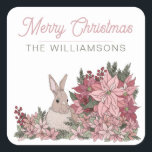 Pegatina Cuadrada Poinsettia Rabbit Merry Christmas Pink<br><div class="desc">El Pegatina Poinsettia Rabbit Merry Christmas Pink Square cuenta con un magnífico pegatina de Feliz Navidad ilustrado con flores de poinsettia rosa y un conejo conejo escondido entre las flores. Este bonito trabajo de vacaciones es el sello pegatina perfecto para acompañar sus regalos de vacaciones de este año. Personalizar con...</div>