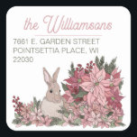 Pegatina Cuadrada Poinsettia Rabbit Merry Christmas Return Address<br><div class="desc">Magnífico pegatina de Feliz Navidad ilustrado con flores de poinsettia rosada y un conejo conejo escondido entre las flores. Esta hermosa obra de arte de vacaciones hace que sea la etiqueta perfecta de la dirección de retorno para adjuntar a sus tarjetas de vacaciones este año. Personalizar con el nombre y...</div>