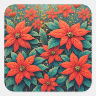 Pegatina Cuadrada Poinsettias, Flores Rojas de Navidad,