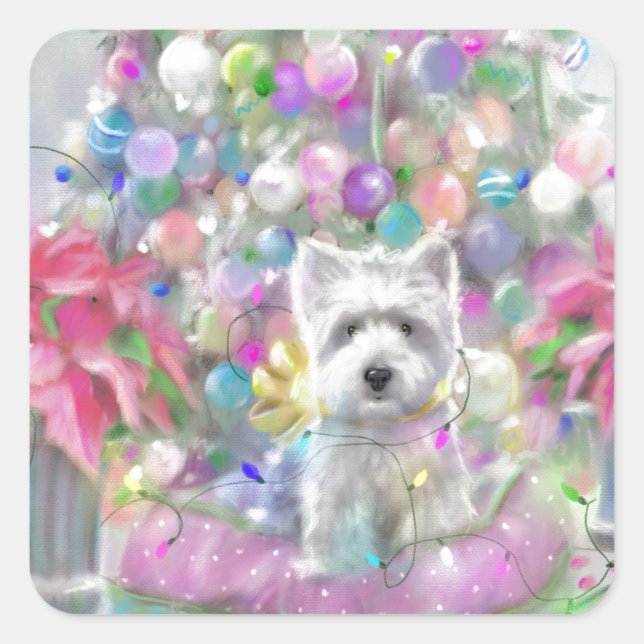 Pegatina Cuadrada Poinsettias rosadas (Anverso)