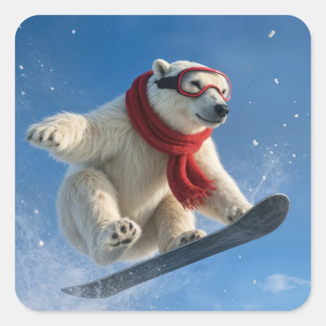 Pegatina Cuadrada Polar Bear Mid-air on a Snowboard (Anverso)