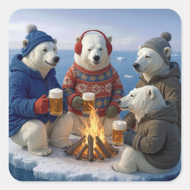 Pegatina Cuadrada Polar Bears Drinking Around a Campfire  (Anverso)