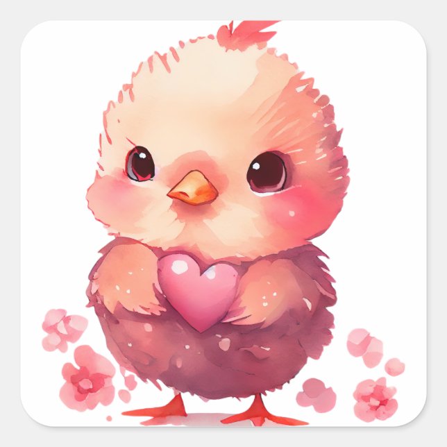Pegatina Cuadrada Pollito Corazón de San Valentín (Anverso)