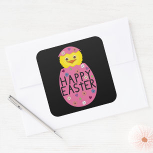 Pegatina Cuadrada Pollito de Pascua Colorido en Huevo Pintado
