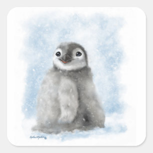 Pegatina Cuadrada Pollito de pingüino lindo en la caricatura de niev