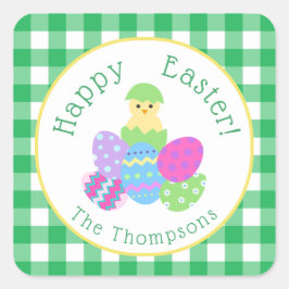 Pegatina Cuadrada Pollito Huevos De Pascua Coloreados Verde Cuadro F