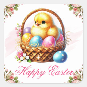 Pegatina Cuadrada Pollito Lindo con Huevos Coloridos Feliz Pascua