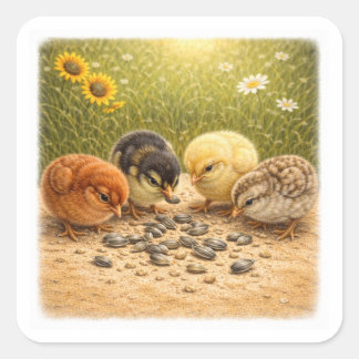 Pegatina Cuadrada Pollitos Comiendo Semillas de Girasol – Ilustració
