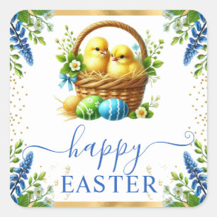 Pegatina Cuadrada Pollitos de Acuarela Flores de Primavera Feliz Pas