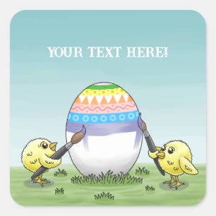 Pegatina Cuadrada Pollitos de Pascua pintan el huevo de Pascua