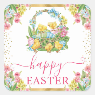 Pegatina Cuadrada Pollitos y Huevos de Acuarela Floral Feliz Pascua