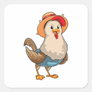 Pegatina Cuadrada Pollo como granjero con Gorra