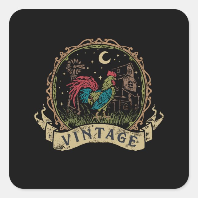 Pegatina Cuadrada Pollo vintage (Anverso)