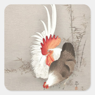 Pegatina Cuadrada Pollo y Gallo de Ohara Koson