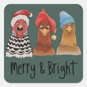 Pegatina Cuadrada Pollos Alegres y Brillantes Navidad Animal de Gran