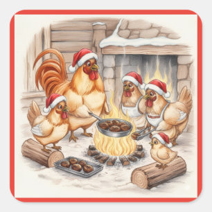 Pegatina Cuadrada Pollos de Navidad Asando Castañas, Stickers
