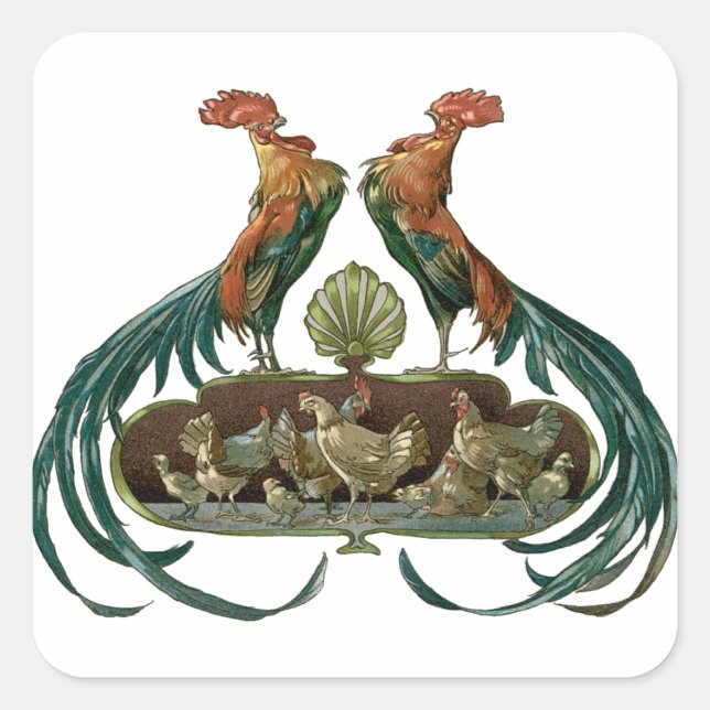 Pegatina Cuadrada Pollos y gallos de estilo Art Nouveau (Anverso)