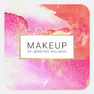 Pegatina Cuadrada Polvo Dorado Falso de Acuarela Rosa Brillante Abst